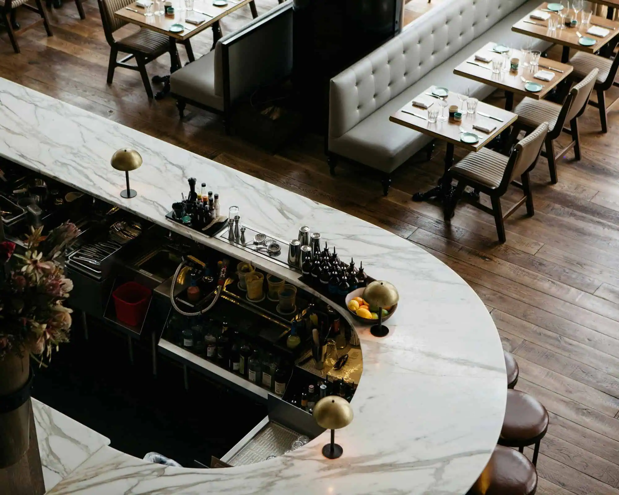 restaurant with oval shaped bar
