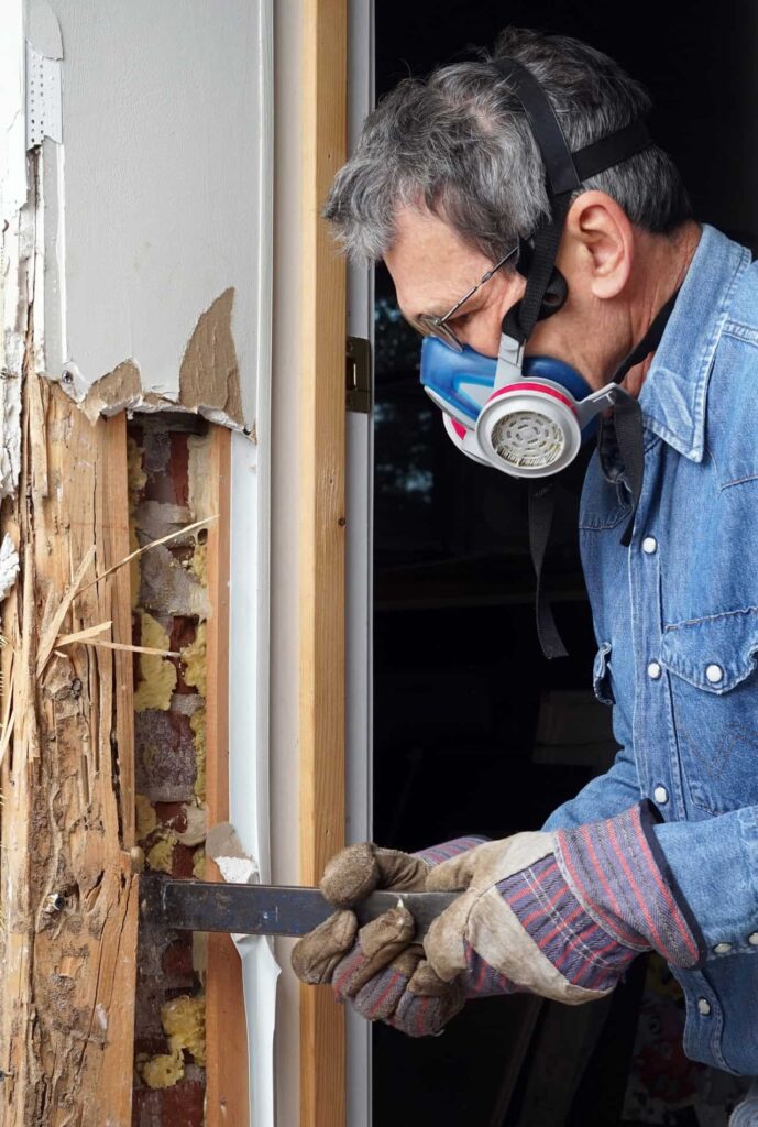 Man inspecting termite damage on wall stud