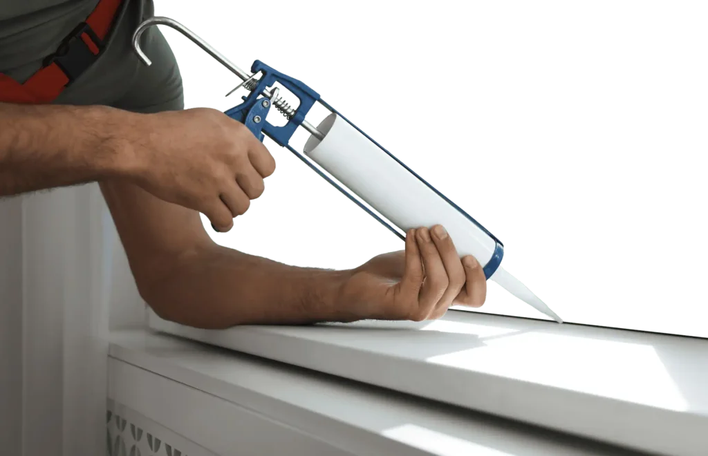 person caulking a window